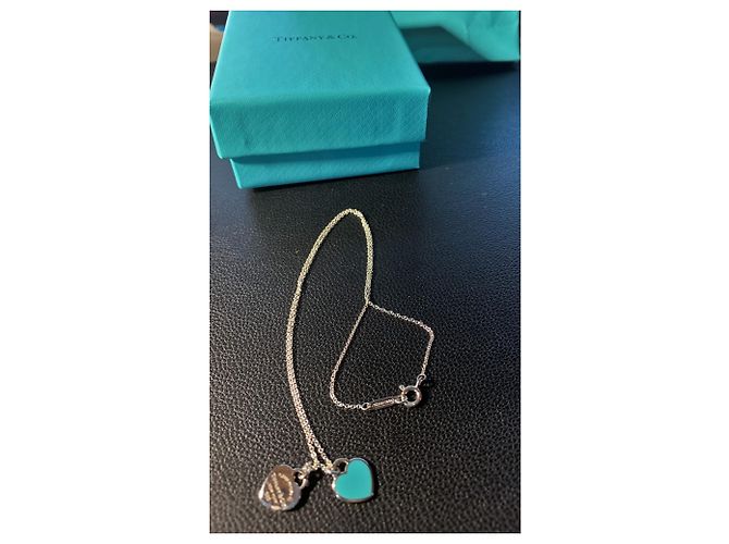Tiffany & Co Cadeia bonita e 2 Corações de prata e email Marca azul turquesa Tiffany; - vista 6