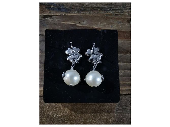 Boucles D'oreilles Vintage Signées Roman - Perles Imitation Et Cristaux - Métal Argenté - Occasion