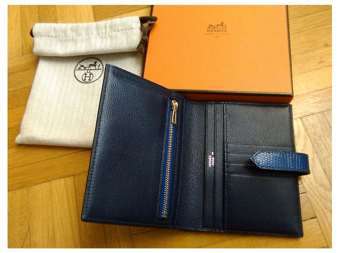 Béarn Hermès Bearn Varanus Niloticus Geldbörse Authentic Blau - Ansicht 3