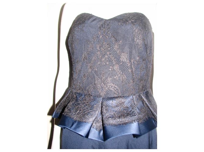Abito da sera Marchesa Notte in seta blu navy e pizzo nero Blu scuro - vista 5