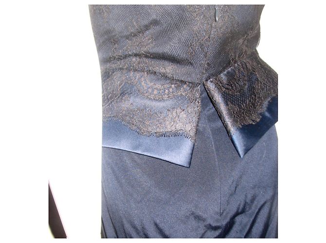 Abito da sera Marchesa Notte in seta blu navy e pizzo nero Blu scuro - vista 7