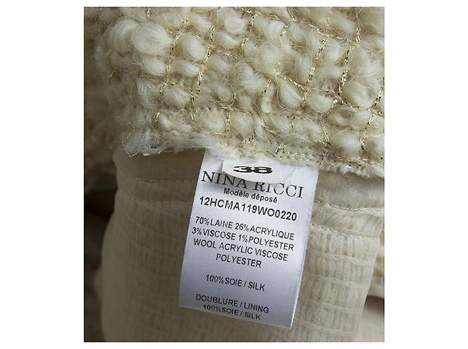 Nina Ricci Off White Ecru Wool Blend Boucle Gold Thread Button Front Coat sz 38 Blanco - Ansicht 4