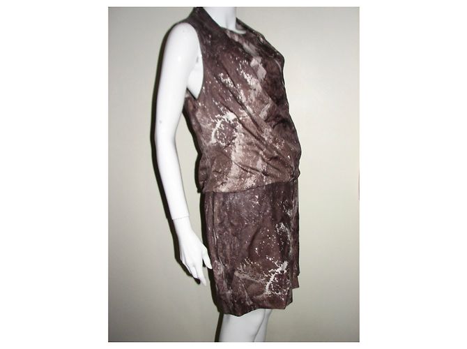Halston Heritage Drapiertes Seidenkleid Braun Creme Beige Roh - Ansicht 3