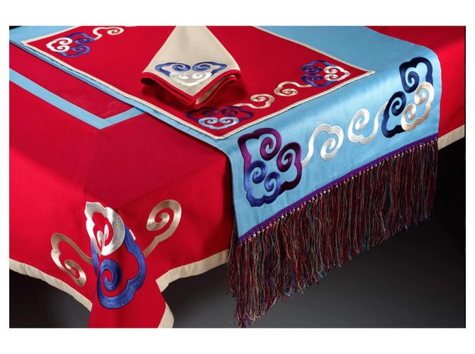 Shanghai Tang Tischdecke, Sofaüberwurf aus Seide oder bestickt Rot Beige - Ansicht 6
