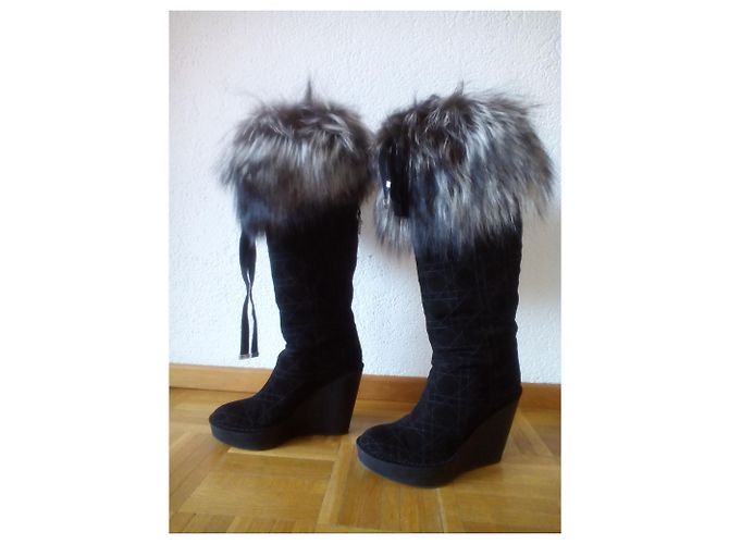 Christian Dior DIOR Camurça Botas Altas de Pele de Raposa Preto Prata - vista 5