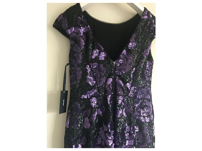 Vera Wang Paillettenkleid Blumenmuster Schwarz Lila - Ansicht 9
