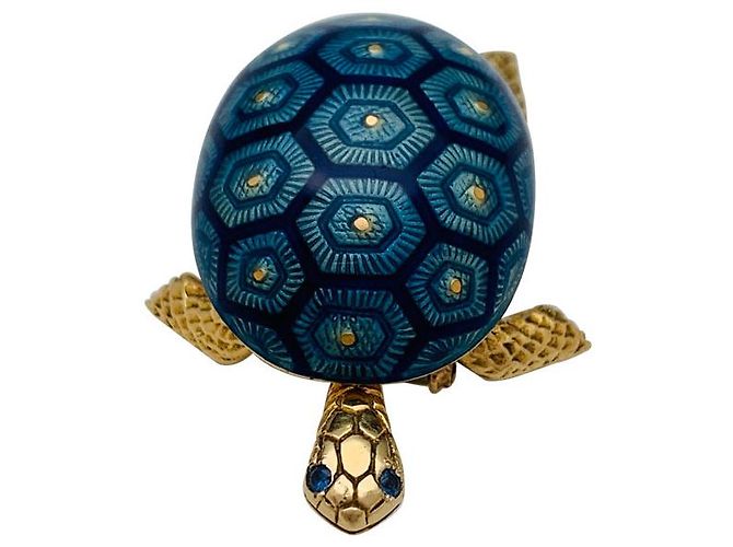 Broche de tortuga Boucheron oro amarillo, esmalte y zafiro. - vista 2