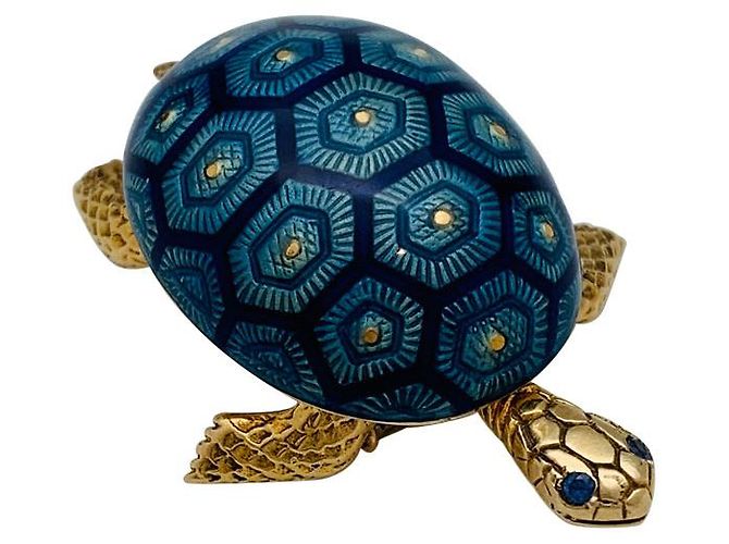 Broche de tortuga Boucheron oro amarillo, esmalte y zafiro. - vista 3