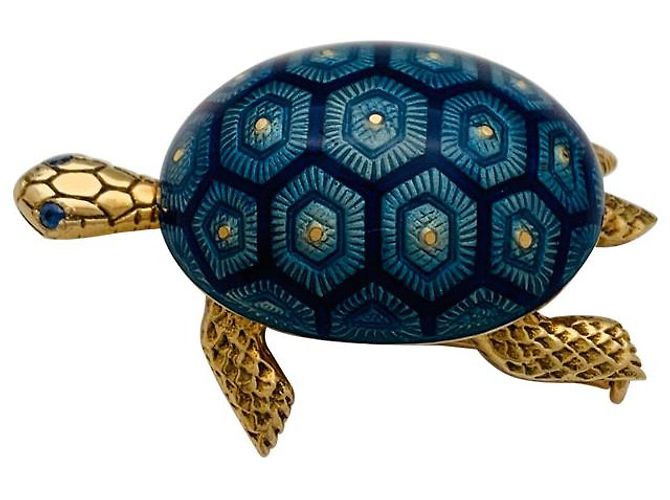 Broche de tortuga Boucheron oro amarillo, esmalte y zafiro. - vista 4