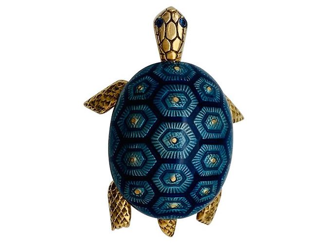 Broche de tortuga Boucheron oro amarillo, esmalte y zafiro. - vista 5