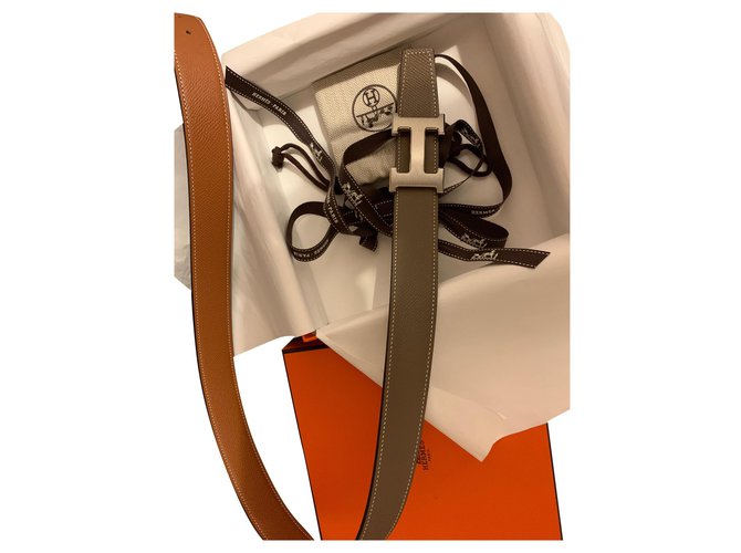 Hermès Cinturón H reversible Gris pardo Coñac - vista 2