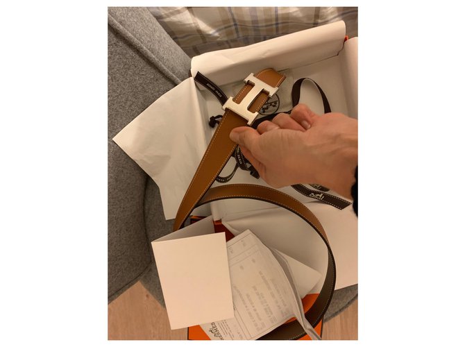 Hermès Cinturón H reversible Gris pardo Coñac - vista 3