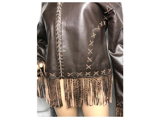 Autre Marque FOX LEATHER BRAND Spencer Jacke mit Fransen braunes Lammfell - Ansicht 10