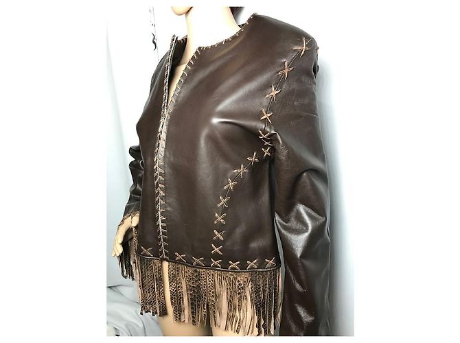 Autre Marque FOX LEATHER BRAND Spencer Jacke mit Fransen braunes Lammfell - Ansicht 11