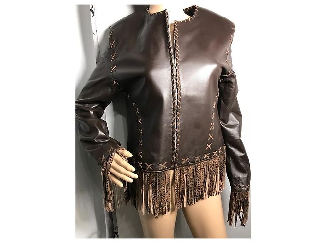 Autre Marque FOX LEATHER BRAND Spencer Jacke mit Fransen braunes Lammfell - Ansicht 12