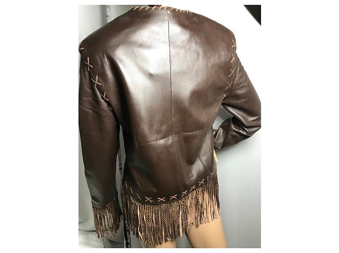Autre Marque FOX LEATHER BRAND Spencer Jacke mit Fransen braunes Lammfell - Ansicht 9