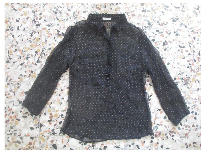 Camicetta Massimo Dutti in seta nera con maniche a pois trasparenti Nero D'oro - vista 7