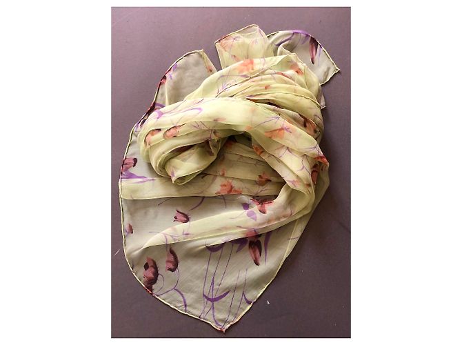 Autre Marque Nuova stola di sciarpa in chiffon di seta stampata Porpora Marrone chiaro Verde chiaro - vista 6