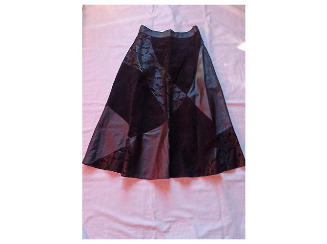 Autre Marque Gonna Patchwork in Pelle e Camoscio Nero - vista 3