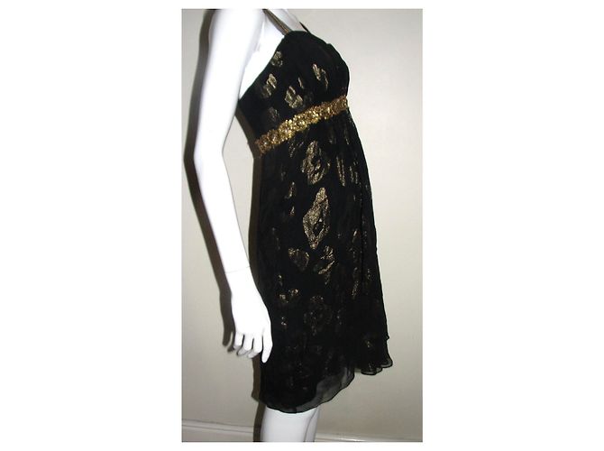 Marchesa Vestido chiffon de seda com enfeites de metal Preto Dourado - vista 3