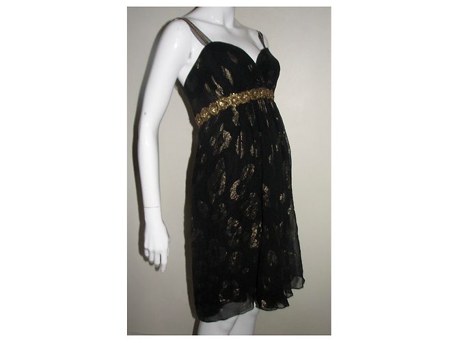 Marchesa Vestido chiffon de seda com enfeites de metal Preto Dourado - vista 4