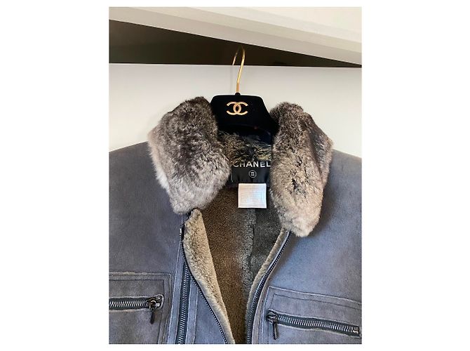 Chanel Giacca in montone con collo di cincillà Grigio - vista 2
