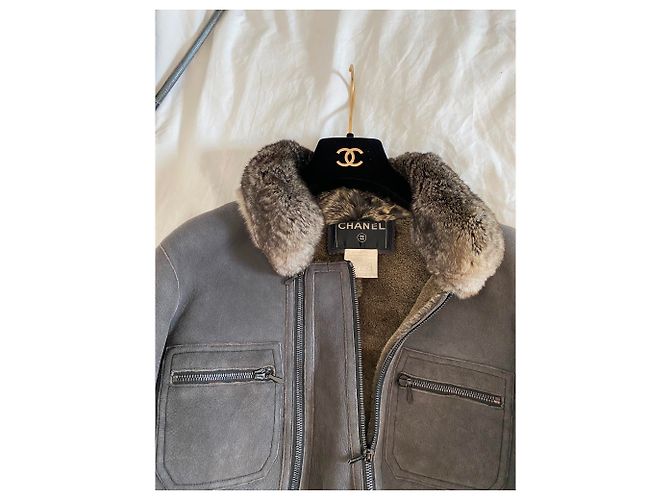 Chanel Giacca in montone con collo di cincillà Grigio - vista 7
