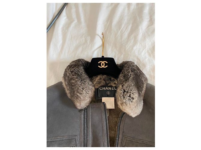 Chanel Giacca in montone con collo di cincillà Grigio - vista 9