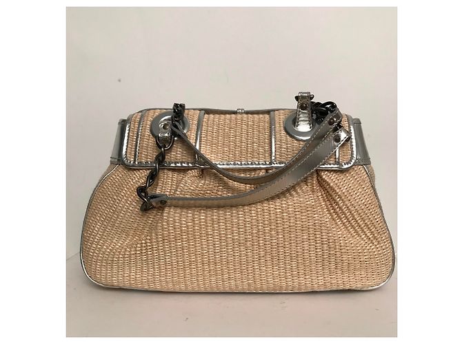 Borsa Fendi B Bag in rafia beige e pelle argento - vista 2