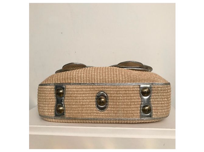 Borsa Fendi B Bag in rafia beige e pelle argento - vista 3