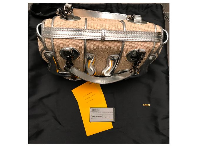 Borsa Fendi B Bag in rafia beige e pelle argento - vista 4
