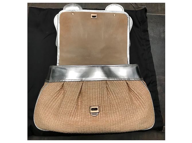 Borsa Fendi B Bag in rafia beige e pelle argento - vista 5
