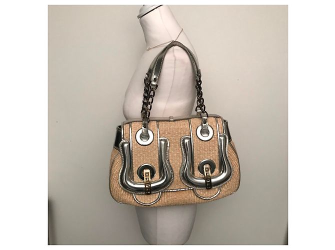 Borsa Fendi B Bag in rafia beige e pelle argento - vista 8