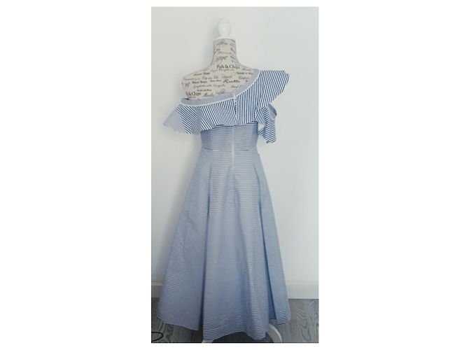 Vestido de Rayas de Algodón Self Portrait Blanco y Azul - vista 3