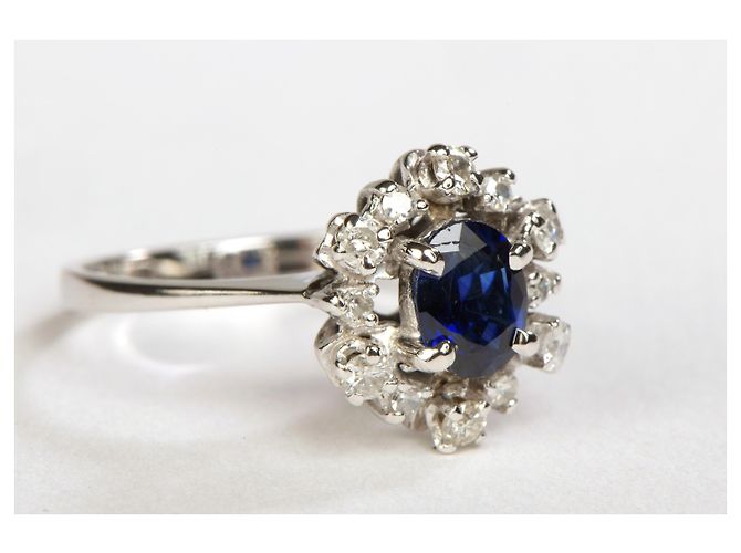 Autre Marque Weißgoldring mit ovalem Saphir und Diamanten Größe 49 Silber - Ansicht 2