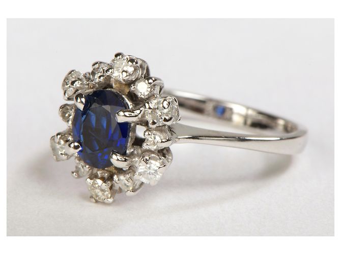 Autre Marque Weißgoldring mit ovalem Saphir und Diamanten Größe 49 Silber - Ansicht 3