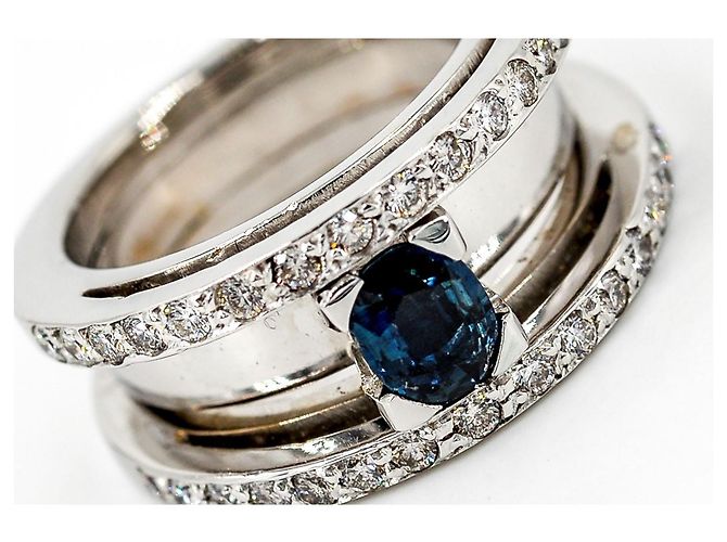 Autre Marque Ring aus Weißgold mit ovalem Saphir und Diamanten Größe 52 Silber - Ansicht 4