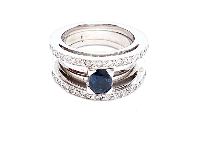 Autre Marque Ring aus Weißgold mit ovalem Saphir und Diamanten Größe 52 Silber - Ansicht 7
