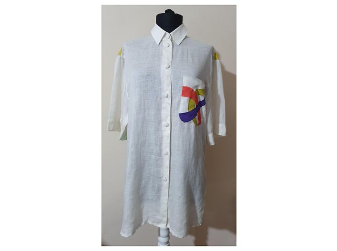 Vintage Camicia Oversize Jacques Britt Bianca in Lino Bianco Multicolore - vista 2
