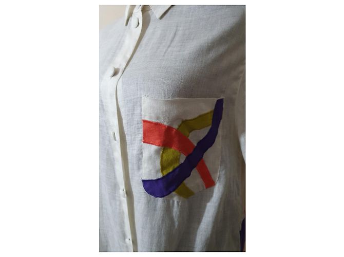Vintage Camicia Oversize Jacques Britt Bianca in Lino Bianco Multicolore - vista 3