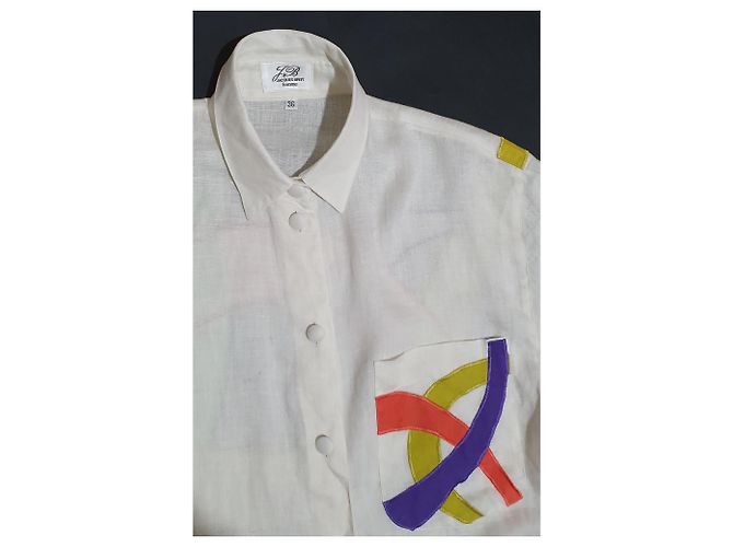 Vintage Camicia Oversize Jacques Britt Bianca in Lino Bianco Multicolore - vista 5