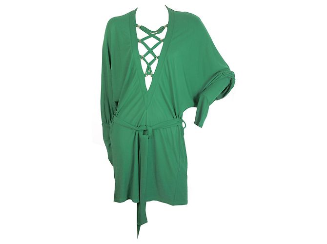 Balmain Green Criss Cross Deep V Neckline Dolman Sleeve Mini Length Dress 36 - view 6