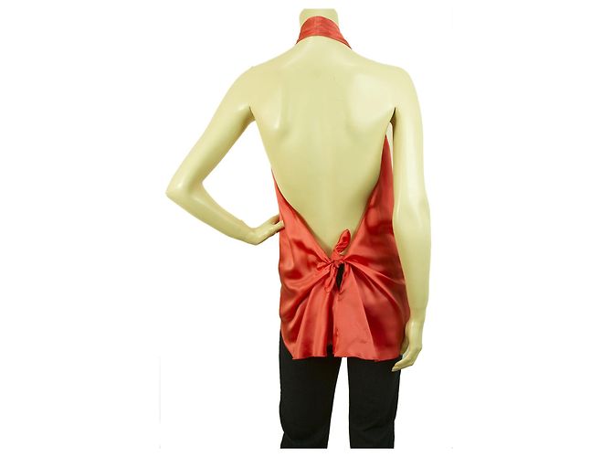 Stephan Janson Fazzoletto color pesca Halter Silk Top Open Back Bluse - vista 2