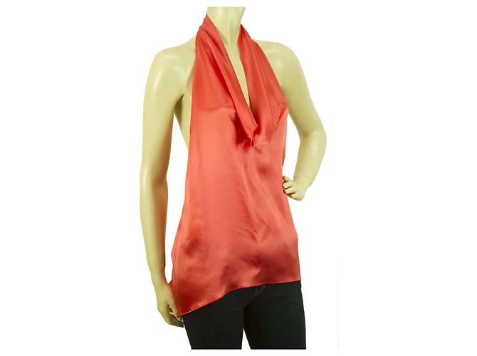 Stephan Janson Fazzoletto color pesca Halter Silk Top Open Back Bluse - vista 3