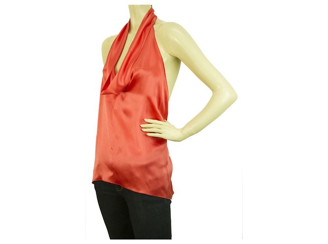Stephan Janson Fazzoletto color pesca Halter Silk Top Open Back Bluse - vista 4