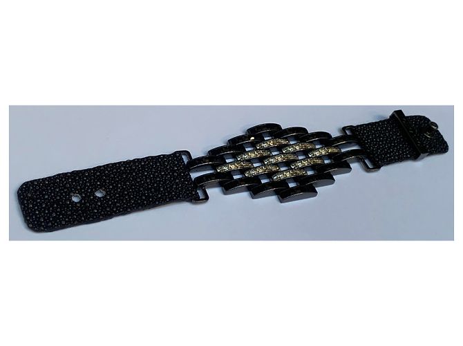 Louis Vuitton Bracciale esotico e lucido in pelle Swarovski Nero Argento - vista 6