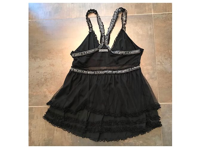 Jean Paul Gaultier Black Nylon Top with Silver Script - view 2