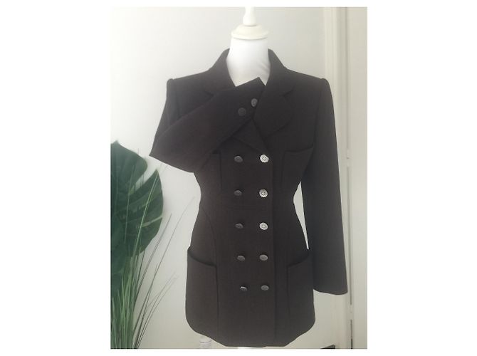 Giacca Blazer Chanel in Tweed di Lana Marrone e Nero Cioccolato - vista 2