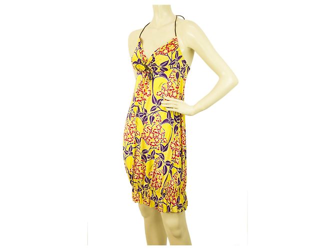 Dsquared2 DSquared Floral Open Back V top halter anteriore giallo, mini abito viola e rosso tg S Multicolore - vista 3