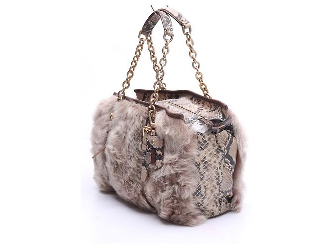 Pliage Longchamp Più shopper in pelle stampata serpente e vera pelliccia di coniglio Beige - vista 4